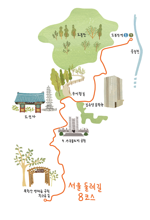 도봉산역에서 북한산 생태숲공원 흰구름 길까지 이어지는 서울 둘레길 8코스 지도를 표현한 그림