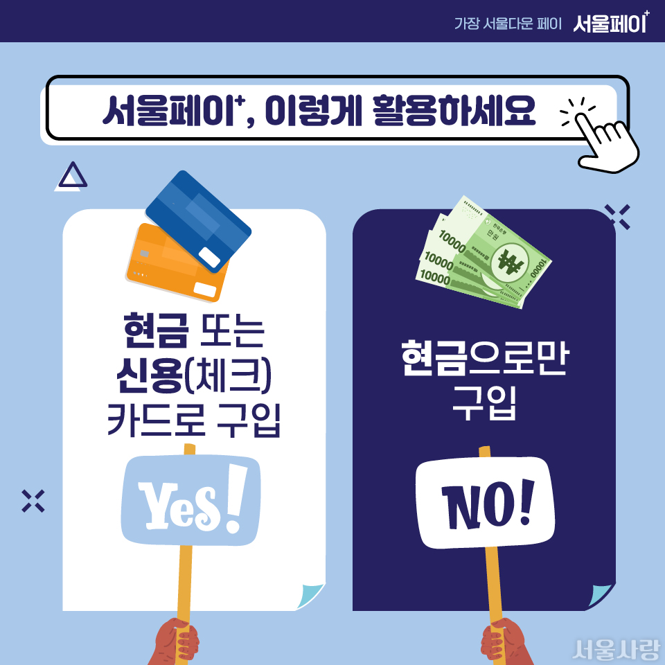서울페이+, 이렇게 활용하세요 / 현금 또는 신용(체크)카드로 구입 - yes! / 현금으로만 구임 - no!