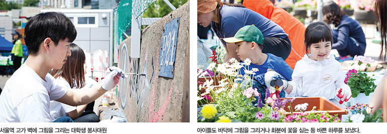 서울역 고가 벽에 그림을 그리는 대학생 봉사대원 아이들도 바닥에 그림을 그리거나 화분에 꽃을 심는 등 바쁜 하루를 보냈다.
